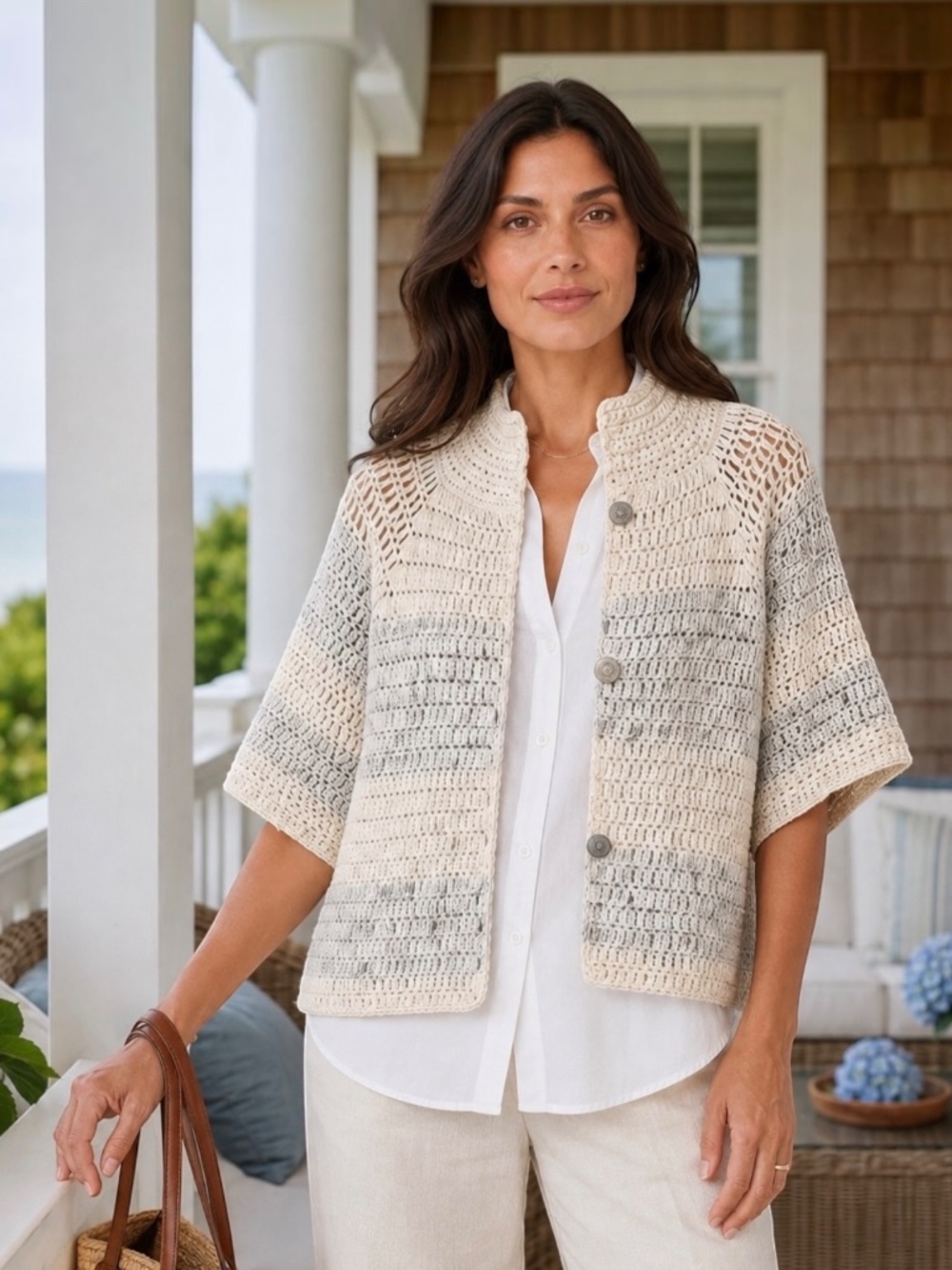 Handmade Crochet Cardigan Funnel Neck Crest Button Tweed Knit Coastal Chic